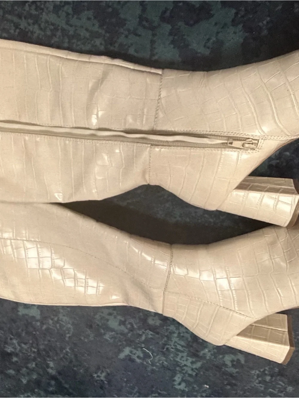 Croc-Embossed Over-the-Knee Boots in Light Beige - Women